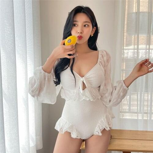 2021 New Sexy Lace One Piece Swimsuit Women Solid Swimwear Long Sleeve Monokini Push Up Swim Suit Korea Style Bathing Suit