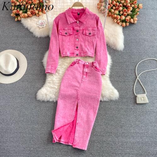 Kimutomo 2021 Autumn Sets Female Temperament High Street Short Pink Denim Jacket Mid-length High Waist Bag Hip Skirt Two-Piece