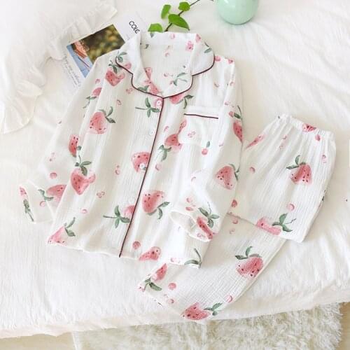 Womens Cotton Double Layer Gauze Pajamas Turn-down Collar Pijama Long Sleeve Pants Sleepwear Printing 2 Piece Plus Size Pyjamas