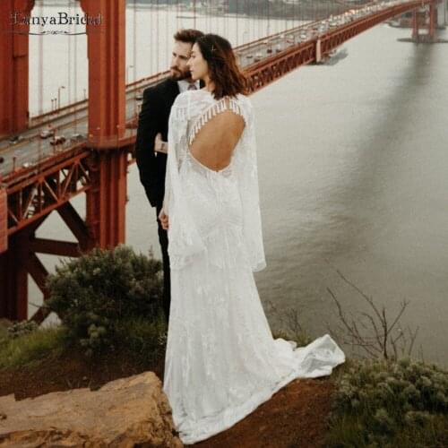 Flare Sleeve Boho Wedding Dresses Sexy Backless Tassel Elegant Dreamy Bridal Gowns GYPSY Vestido De Noivas DW509