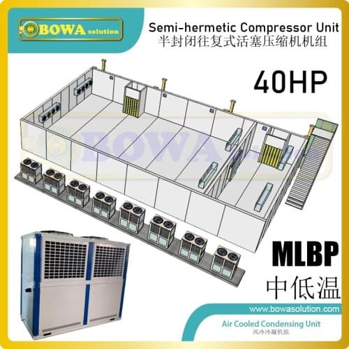 40HP MLBP semi-herm recipricating compressor condensing unit with air condenser is simple framework and proven technology