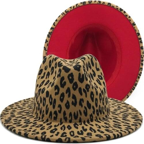 Leopard Red Patchwork Felt Hat Women Men Wide Brim Wool Jazz Fedora Hats Panama Trilby Cap Trend Gambler Hat Wholesale NEW 2021