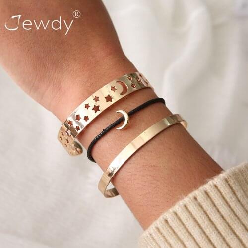 Jewdy 3 Pcs/ Set Women Fashion Hollow Moon Star Leather Multilayer Gold Bracelet Set Retro Clothing Jewelry Send Girl