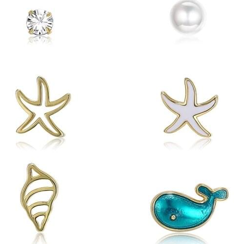 ZEMIOR 925 Sterling Silver Cute Whale Conch Sea Star And Round Zircon Pearl Earrings Sets For Women Golden Tiny Stud Earring