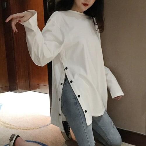 Spring Split Side Button White black Long Tshirt O-Neck Women shirts autumn Arrival Vogue Harajuku solid Loose T shirt tops