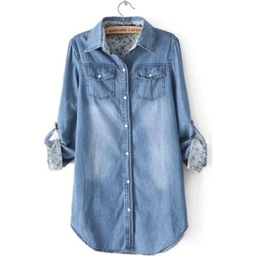 Korean 100% cotton softened denim shirt women 2020 spring autumn female streetwear casual long sleeve blouse women tops