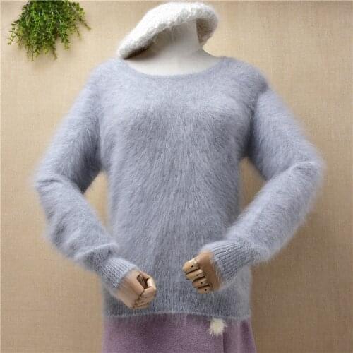 Ladies women fashion hairy plush mink cashmere knitwear long sleeves slim blouses pullover angora fur jumper sweater pull tops