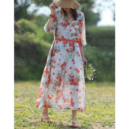 Women Loose V Neck Printed Ramie Dress Ladies Vintage Print Retro Ramie Dresses Female 2020 Ramie Dresses Summer Autumn