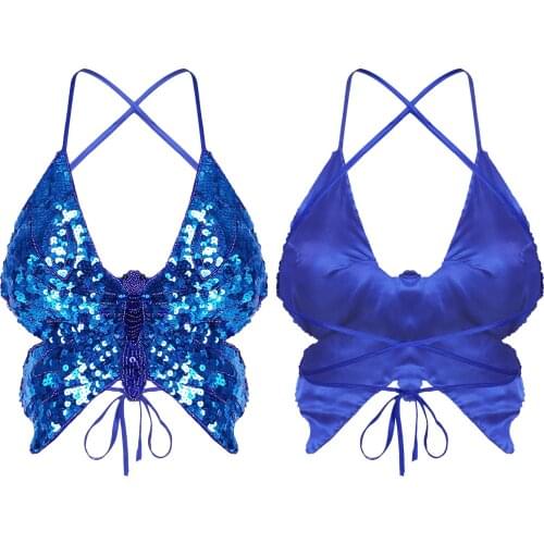 Womens Femme Exotic Tanks Shiny Sequin Beaded Butterfly Shaped Bras Spaghetti Strap Lace-up Backless Holographic Crop Top Vest