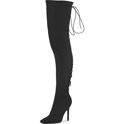 Hot selling Fashion stretch fabric pointed toe Sexy Lace up thin High heels over-the-knee long boots 5 Color 6-11 Autumn boots
