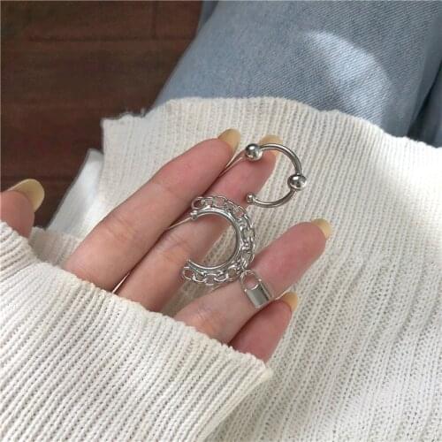 Flashbuy Trendy Asymmetry Silver Color Chain Hoop Earrings for Woman Vintage C Shape Lock Pendant Earrings Accessories Jewelry