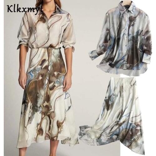 Klkxmyt two pieces set women england office lady vintage watercolor print blouse women blusas midi long skirt women 2 pieces set