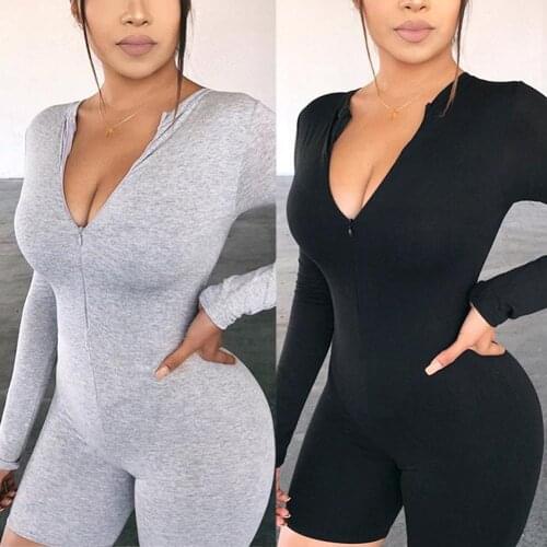 Women O Neck Long Sleeve Zip Closure Bodycon Bodysuit Elastic Sports Jumpsuit Zip Closure Solid Color Bodycon Easy to Match