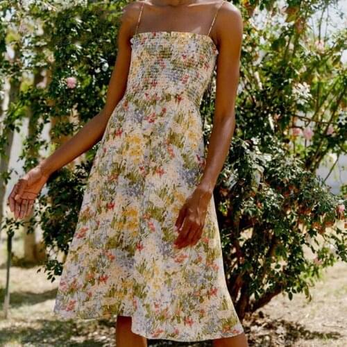 2021 Retro Elegant Floral Print Elastic Body Long Sling Dresses France Vintage Bandage Adjust Strap Women Summer Holiday Robe