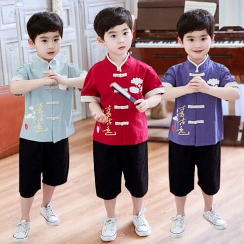 3 Colors China Hanfu Kids Clothing For Boys Suit Short Sleeve T-shirt+Shorts Set For 18M 2 3 4 6 8 Summer Boys Clothing Outfits
