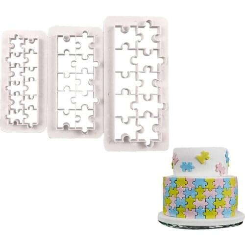 3Pcs DIY Jigsaw Building Blocks Stencils Sugar Mold Fondant Printing Wedding Cake Edge Decoration Template Bread Baking Tools