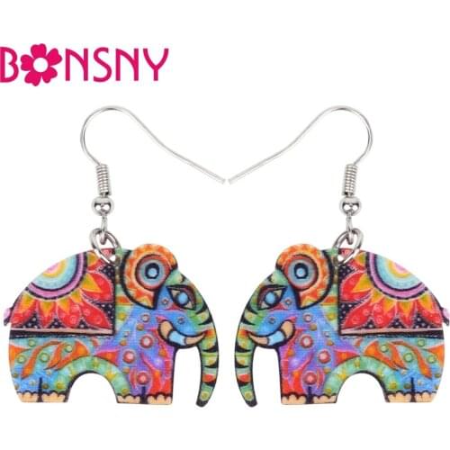 Bonsny Acrylic Cartoon Floral Elephant Earrings Big Long Dangle Drop Unique Jungle Animal Jewelry For Women Girl Teens Gift Bulk