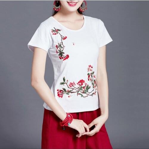 Ethnic Flower Embroidery T Shirt Women Plus size Summer Tops Short sleeve Cotton Tees O neck White Ladies Clothes