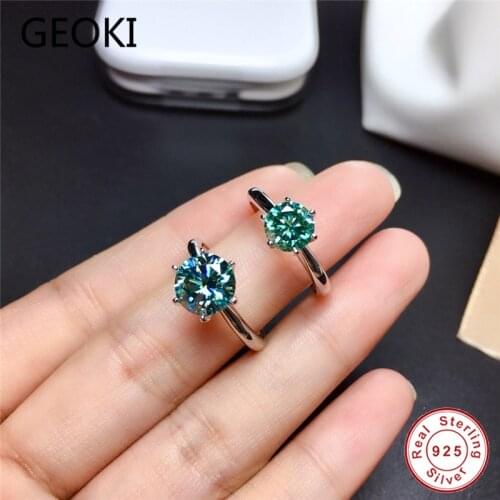 Geoki Perfect Cut Passed Diamond Test 1-2 CT VVS1 Green Shine Moissanite Ring 925 Sterling Silver Round Stone Engagement Rings
