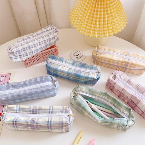Kawaii Sweet Large capacity Pencil Bag Students Plaid Grid Pattern Pencil Case 7 Colors PU School Stationery Supplies
