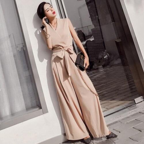 Womens Jumpsuits 2019 New V-collar Loose Sleeveless All-match Vocational Holiday High Waist Bodysuits with Broad-legged Pants