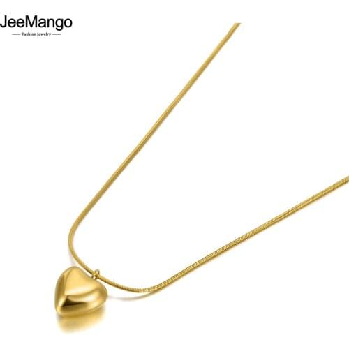 JeeMango Fashion Titanium Stainless Steel Lovely Heart Charm Necklace Jewelry 3D Pendant Snake Chain Necklace For Women JN20129