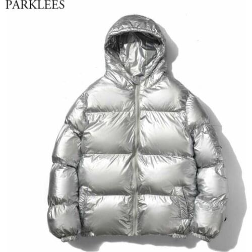 Mens Shiny Silver Coated Metallic Streetwear Winter Hooded Jacket Coat 2021 Spring New Harajuku Thicken Warm Jacket Outwear 5XL