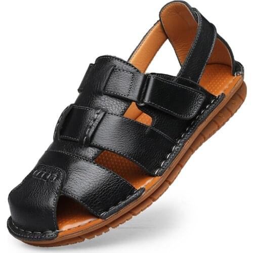 New Men Sandals Summer Leather Cowhide Beach Sandals Male Toe Outdoor Mens Casual Shoes