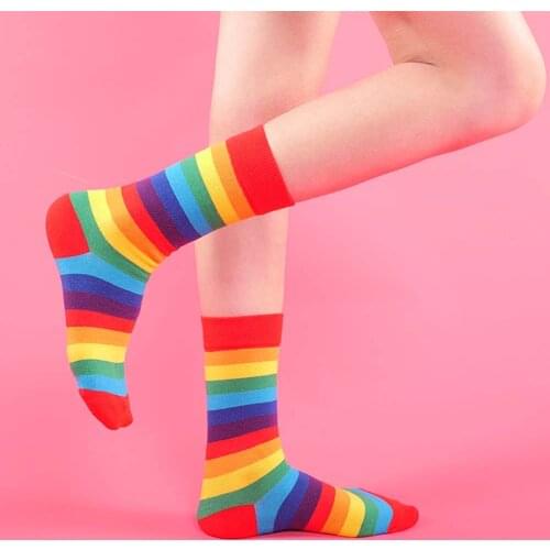 Cotton Elasticity Sweat Womens Long Socks Luxury Candy Color Rainbow Striped Sporty Meias Casual Retro Harajuku Socks
