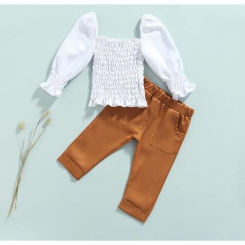 2021 New Fashion Fall Toddler Girls Clothing Set Cute Solid Color Long Sleeve Elastic Tops+Pants With Pocket Children Outfits