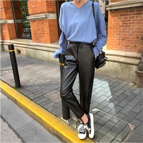 New Women Winter Warm Black PU Leather Pants Female High Waist Casual Loose Trousers