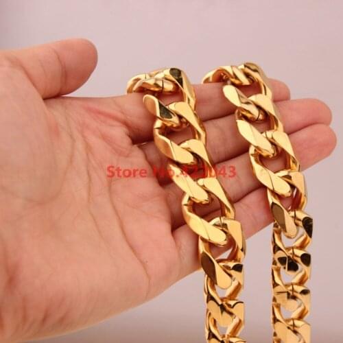 7-40inch Charming Gift New Fashion 19mm Stainless Steel Gold color Curb Cuban Chain Necklace Highly Polished Jewelry