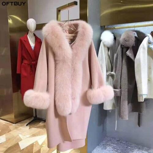 OFTBUY 2020 Winter Jacket Women Natural Fox Fur Collar Cashmere Wool Blends Outerwear Real Fur Coat Streetwear Thick Warm New