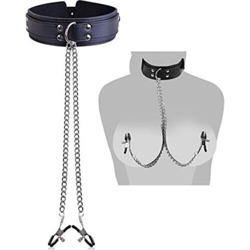 Faux Leather Choker Collar With Nipple Breast Clamp Clip Chain Couple SM Sex Toys For Woman Sex Tools For Couples Adult Games