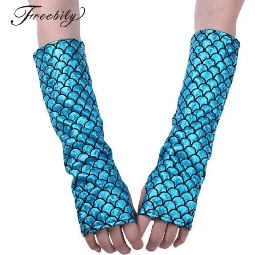 Adult Mermaid Arm Sleeves Gloves Fish Scale Pattern Printed Fingerless Long Gloves Arm Sleeves Halloween Costume Accessory