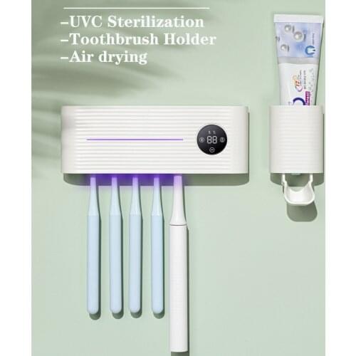 Rechargeable Auto Drying Function UV Toothbrush Sanitizer Holder Wall Mounted with Automatic Toothpaste Dispenser For Bathroom