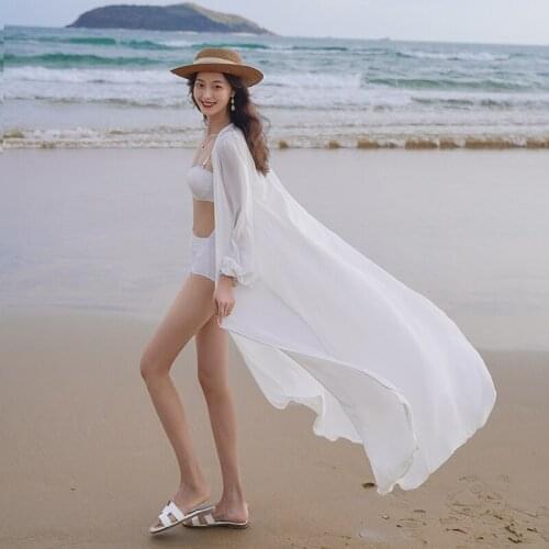 Beach skirt 2021 new women super fairy Sanya beach resort swimsuit chiffon elegant long sleeve