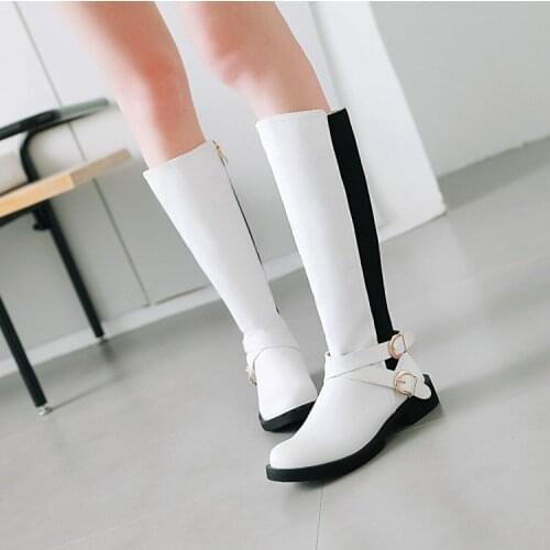 PXELENA Vintage Riding knee High Boots Women Cuban Low Heels Motorcycle Long Boots Female Shoes Black White Buckle 2018 Winter
