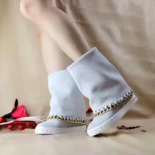 Botines mujer suede Genuine leather platform shoes metal decoration height increasing chain wedges snow boots woman Cowboy botas