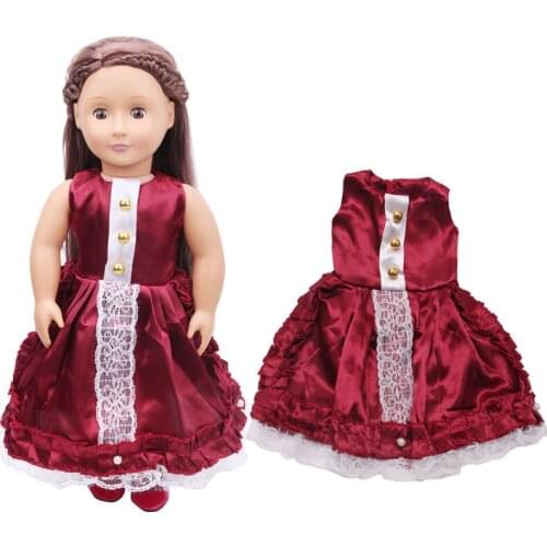 18 Inch American Doll Girls Princess Silk Wine Red Evening Dress Newborn Skirt Baby Toys Accessories Fit 40-43 Cm Boy Dolls c179