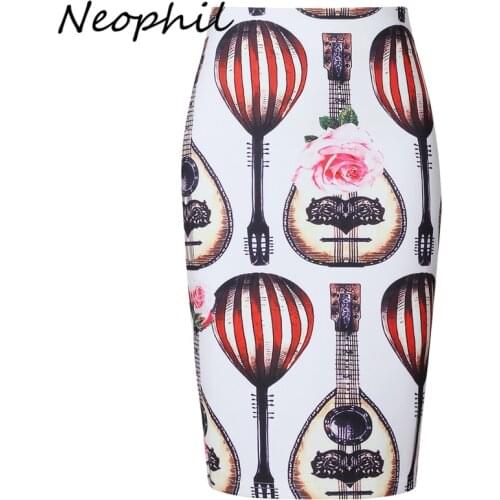 Neophil 2021 Elegant Sexy Women High Waist Summer Pencil Midi Skirts Balloon Guitar Flower Floral Print Short Jupe Femme S0414