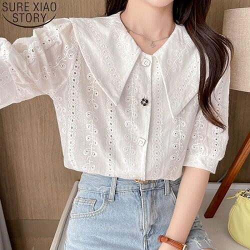 2021 Summer White Blouse Women Korean Fashion Doll Collar Sweet Tops Solid Color Short-sleeved Embroidered Shirt New 14377