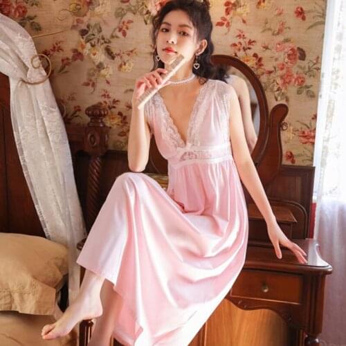 Sexy V Neck Sleeveless Long Dress 2021 Summer nightdress for woman white Princess sleepwear elegant Lace thin home wear FG359