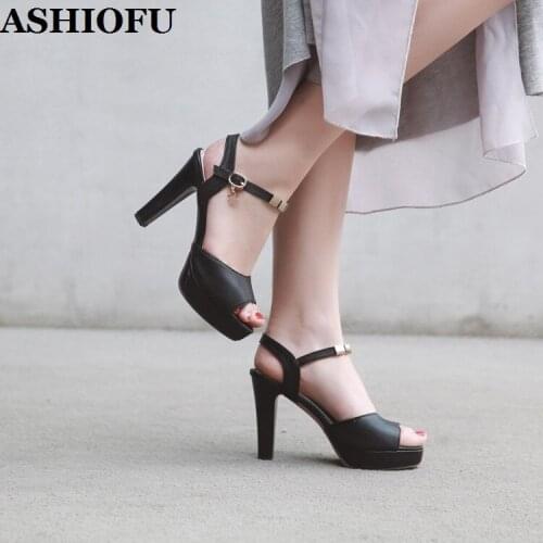 ASHIOFU Handmade New Womens Chunky Heels Sandals Three Colors Peep-toe Platform Summer Shoes Sexy Evening Fashion Sandals Shoes
