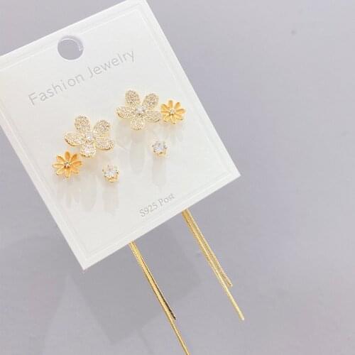 2021 New Arrival 6pcs S925 Silver Needle Flower Stud Earrings for Women 14K Real Gold Jewelry Zircon Long Tassel Earrings