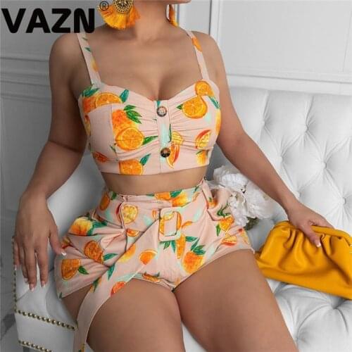 VAZN 2020 Hot Fresh Clear Print Sexy Daily Elegant Sleeveless Group Lace Up Short Pants High Waist Slim Women 2 Piece Set