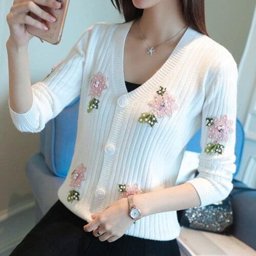 Pull perle students Cardigan pearl sweater women Embroidered knit shirt blanc dentelle lace pink knitting Spring autumn winter