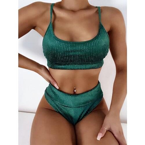 2021 Green Swimsuit Womens Split Swimwear Pure Color Simple High Waist Bikini Beach Party Swimsuit SW640