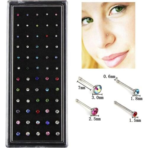 60 pieces/pack Stainless Steel Crystal Nose Ring Set Women Girl Surgical Steel Nose Piercing Crystal Nose Stud Lot Body Jewelry
