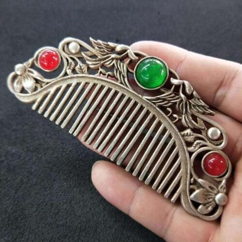 Antique Ruby green jade Miao silver inlaid gemstone combs